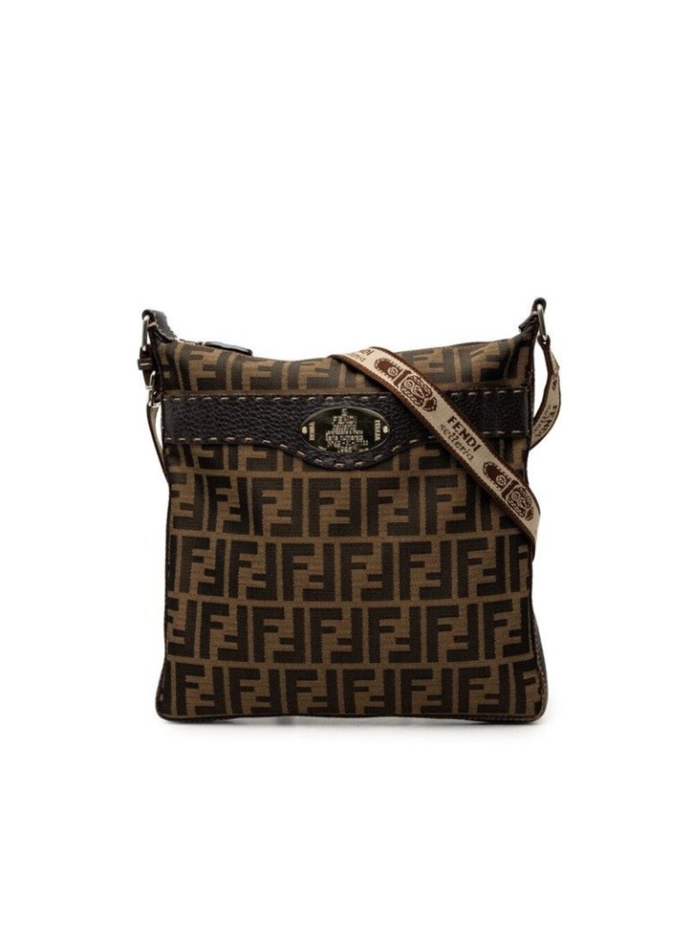 Fendi Zucca Logo Plate Crossbody Shoulder Bag Brown Canvas Silver Leather